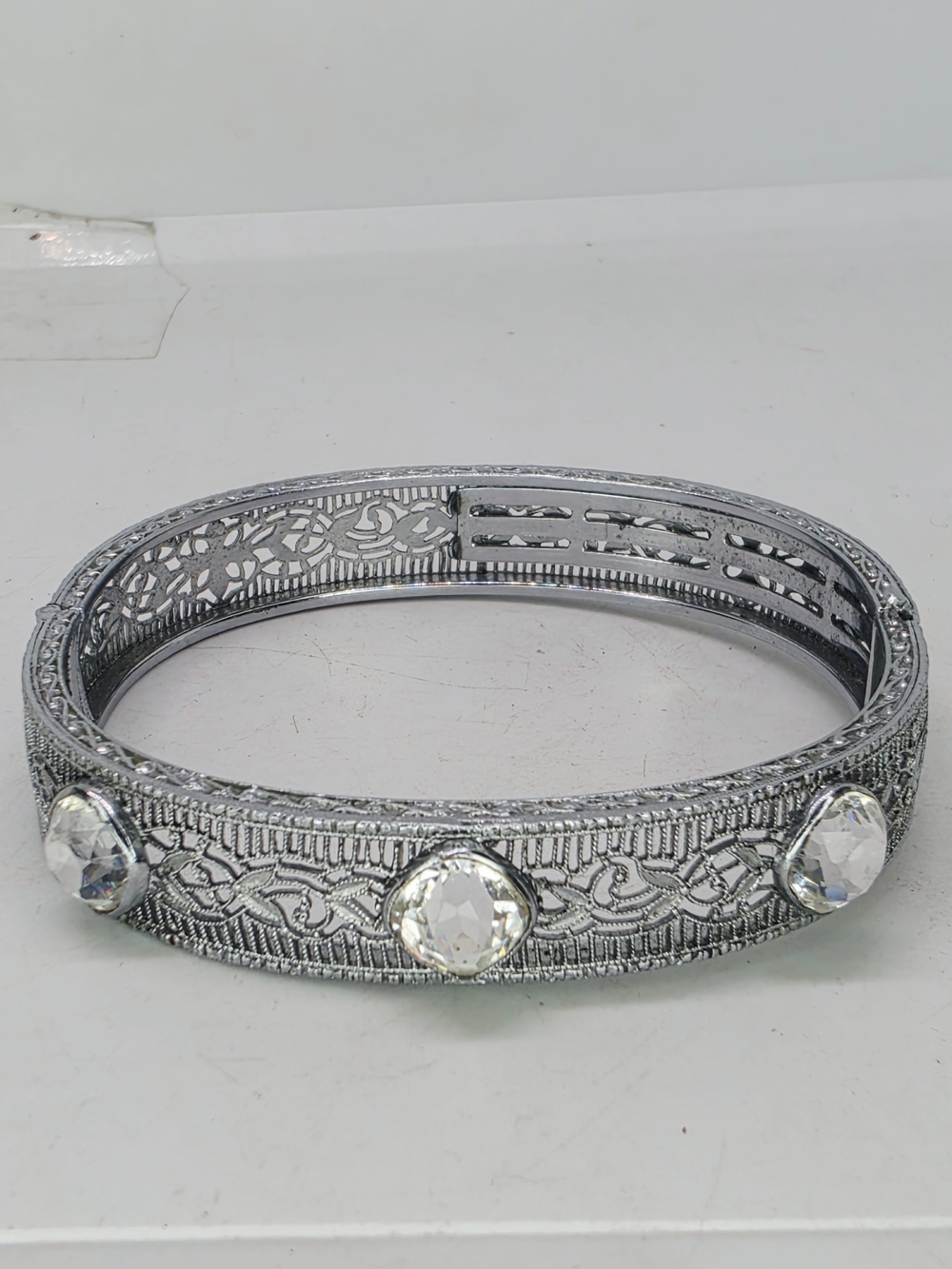 Vtg Art Deco Filigree Paste Jewels Rhodium Hinged Bangle Bracelet Edwardian